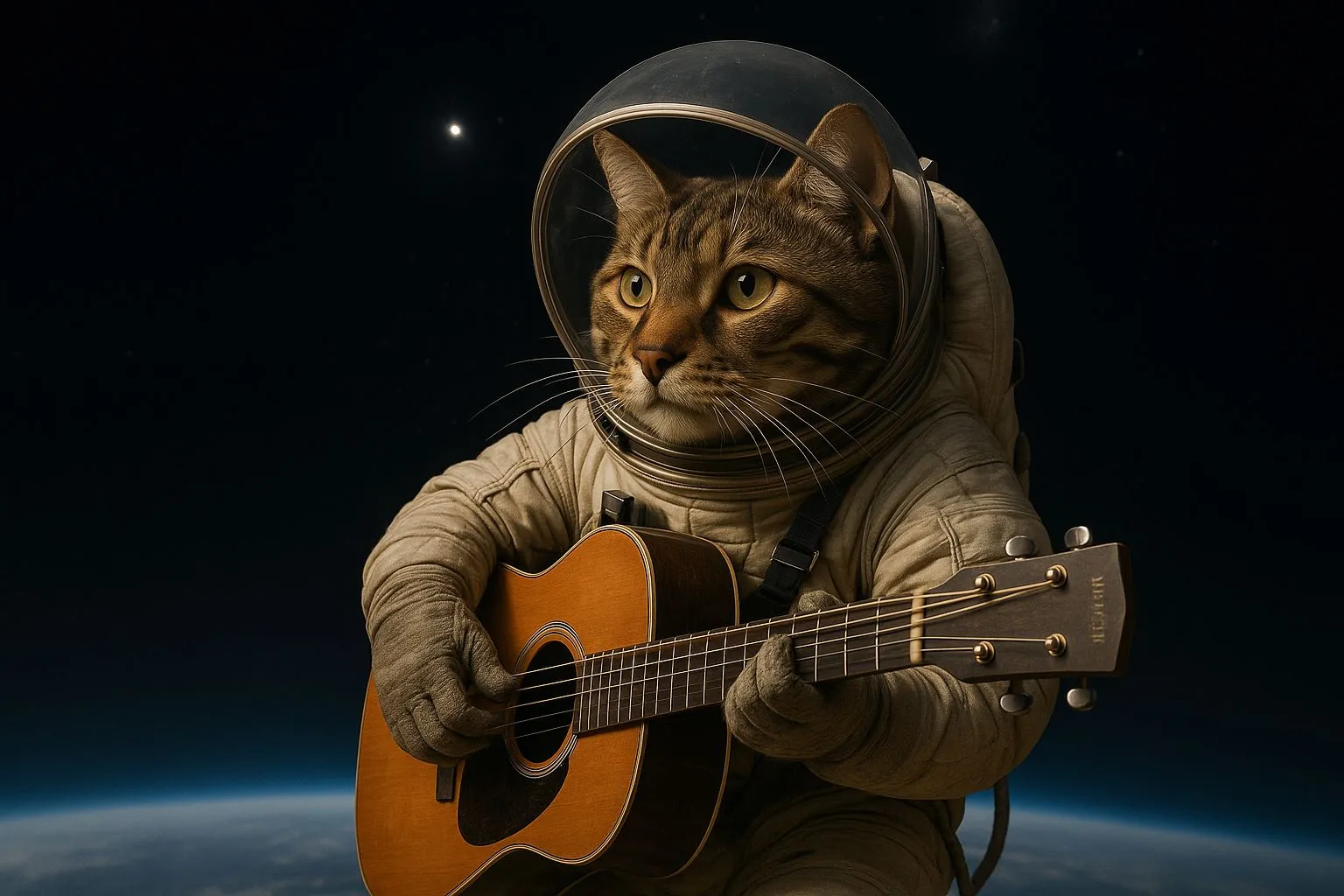 Kot grający na gitarze w kosmosie - przykład generatywnej AI